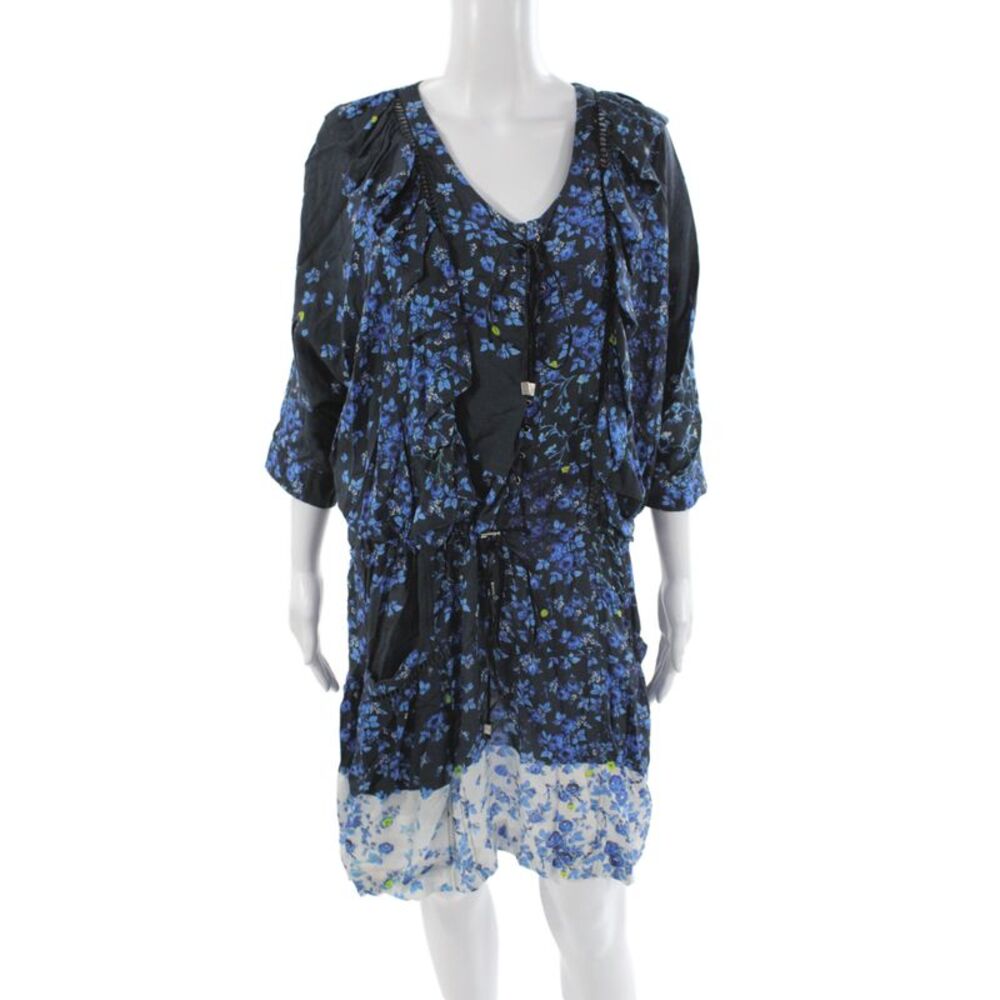 Preen Line Women Silk Blouson Floral V-Neck Short Dress 3/4 Sleeve Black Size S